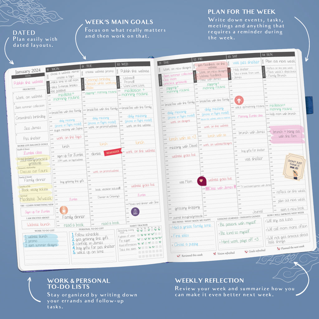 Action Publishing Undated Coloring Day Planner (8.5 x 11 inches) Large - Weekly & Monthly Organizer, Appointment Schedule, Goals and Notes