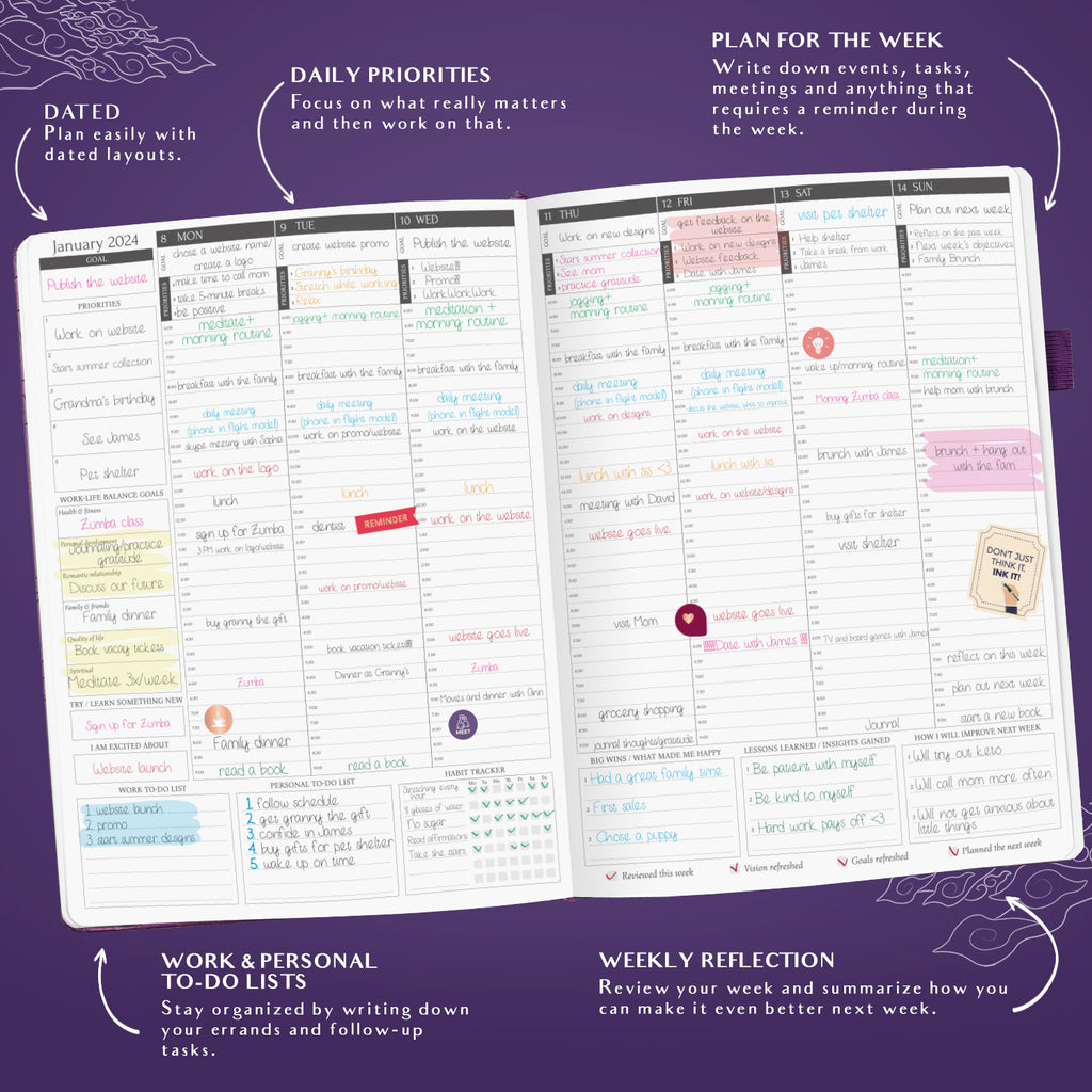 Deluxe A5 Weekly & Daily Organizer with Time Slots.Time