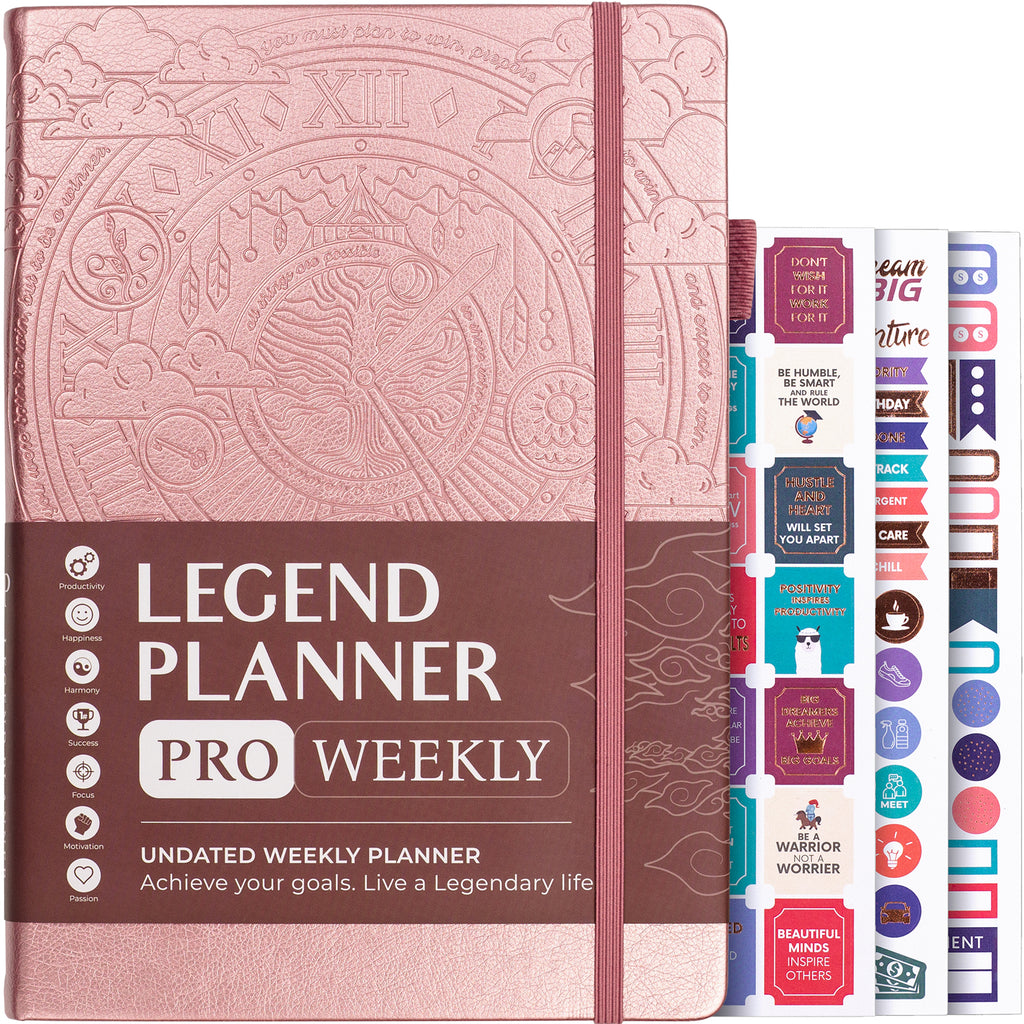 Pink undated weekly tracker notebook with stickers for progress